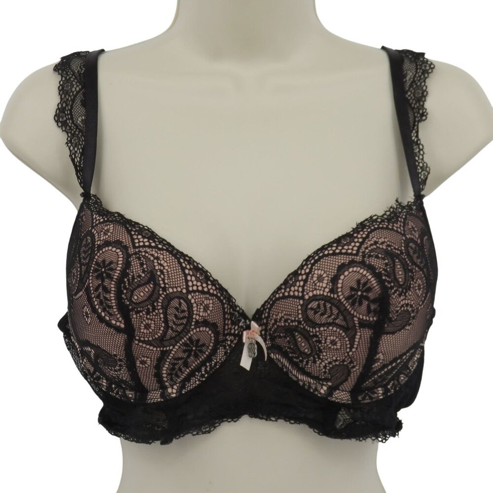 Daisy Fuentes 34C Bra Black Paisley Scroll Lace Underwire Padded Push Up Charm